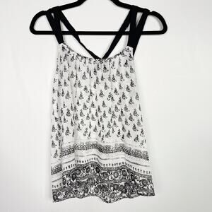 Express Printed Flowy Strappy Crossback Tank Top Medium M White Black Sheer